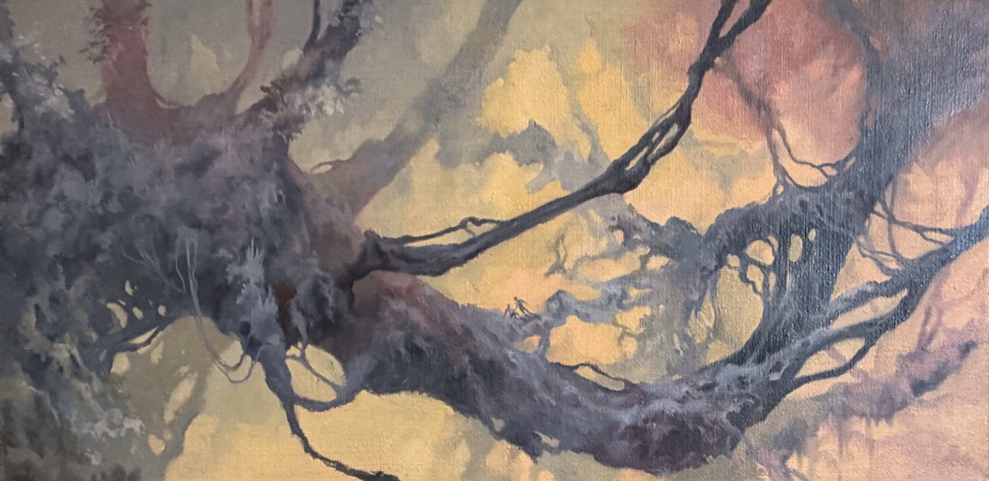Branche noueuse chargée d'or sur un ciel de soufre et de violet.