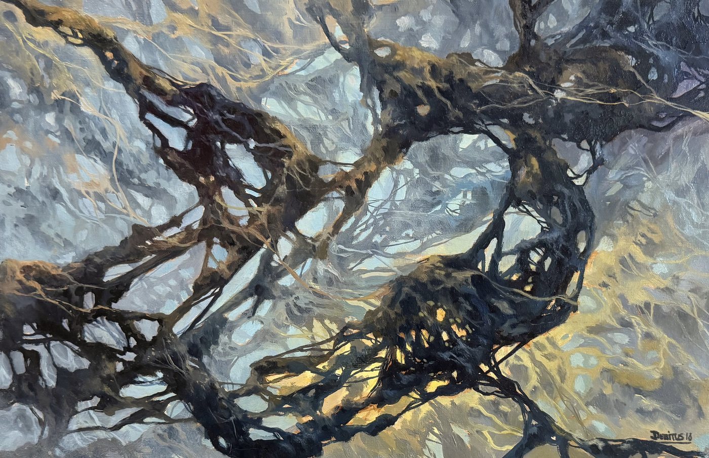 Ramifications sombres piquées d'or, flottant dans une nuée.