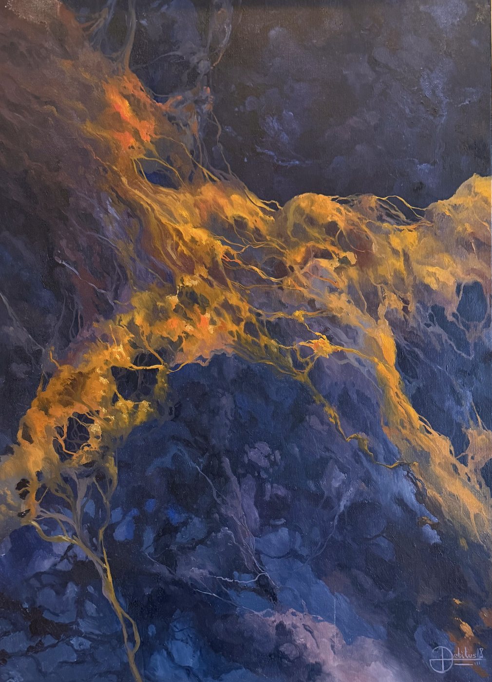 Format vertical : coulées d'or et d'orange sur un bleu de nuit.
